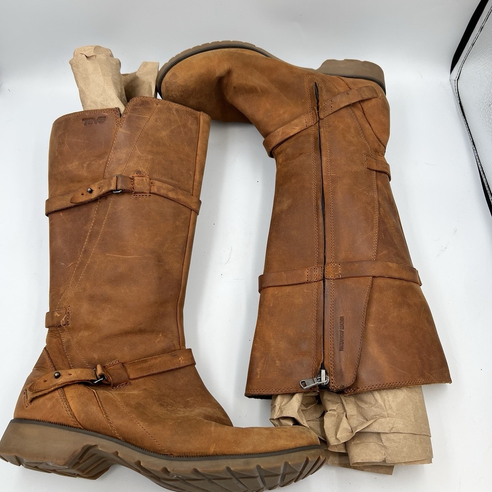 Teva De La Vina Tall Riding Boots Women's 9 Brown Leather Zip Waterproof 1003011 - Picture 6 of 11